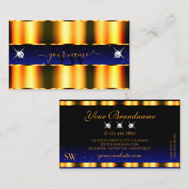 Luxury Orange Blue Black Sparkle Jewels Initials Business Card (Front/Back)