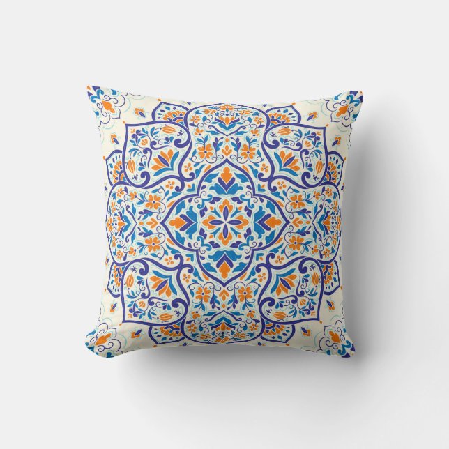 Luxury Orange Blue Ornament Pattern Cushion (Front)