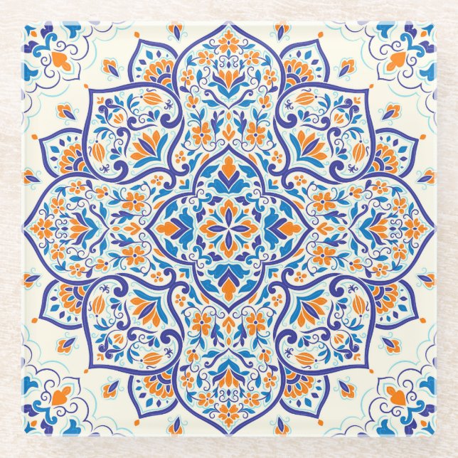 Luxury Orange Blue Ornament Pattern Glass Coaster (Front)