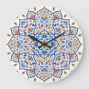 Luxury Orange Blue Ornament Pattern Large Clock