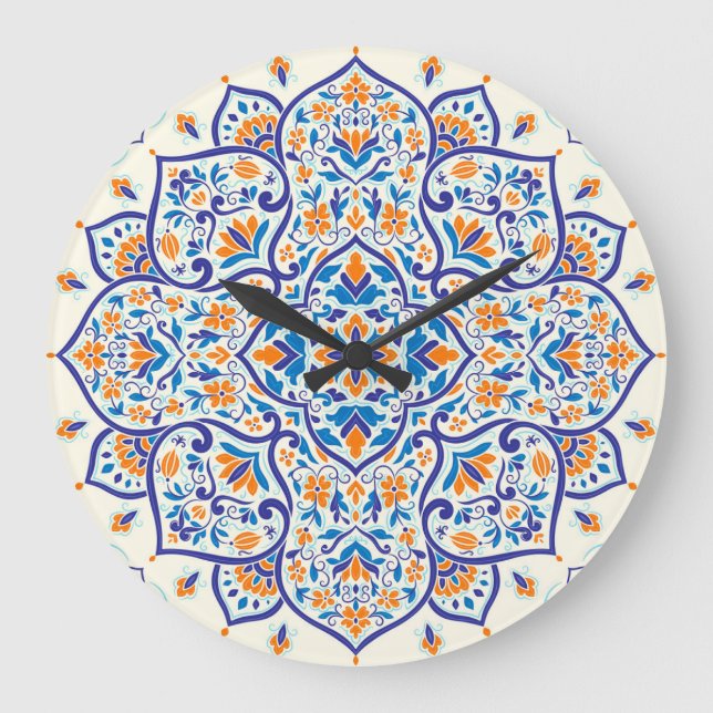 Luxury Orange Blue Ornament Pattern Large Clock (Front)
