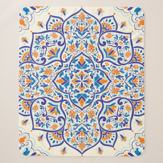 Luxury Orange Blue Ornament Pattern Sherpa Blanket (Front)