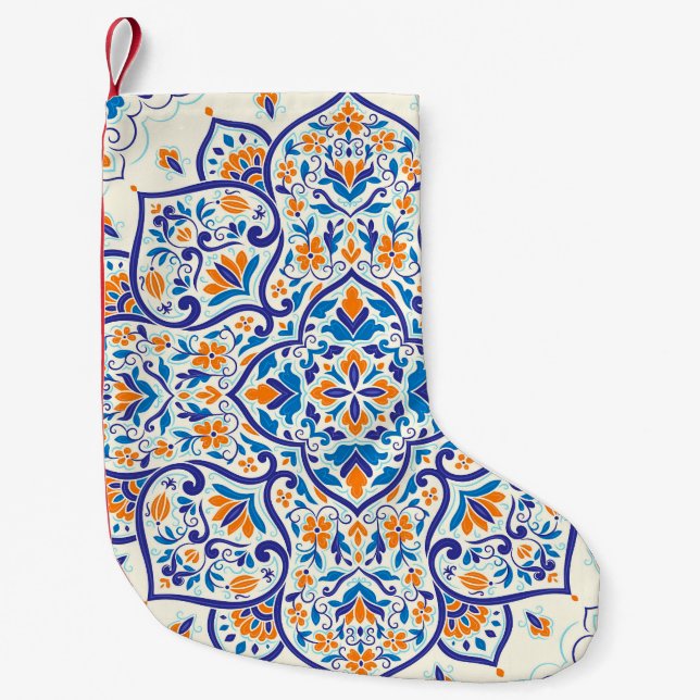 Luxury Orange Blue Ornament Pattern Small Christmas Stocking (Front)
