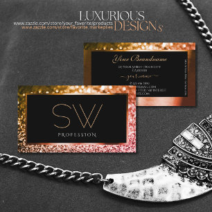 Luxury Orange Pink Ombre Glitter Black Monogram Business Card