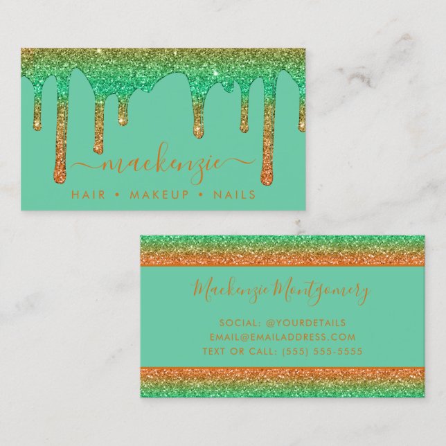 Luxury Orange Teal Rainbow Sparkle Glitter Drips Business Card (Front/Back)