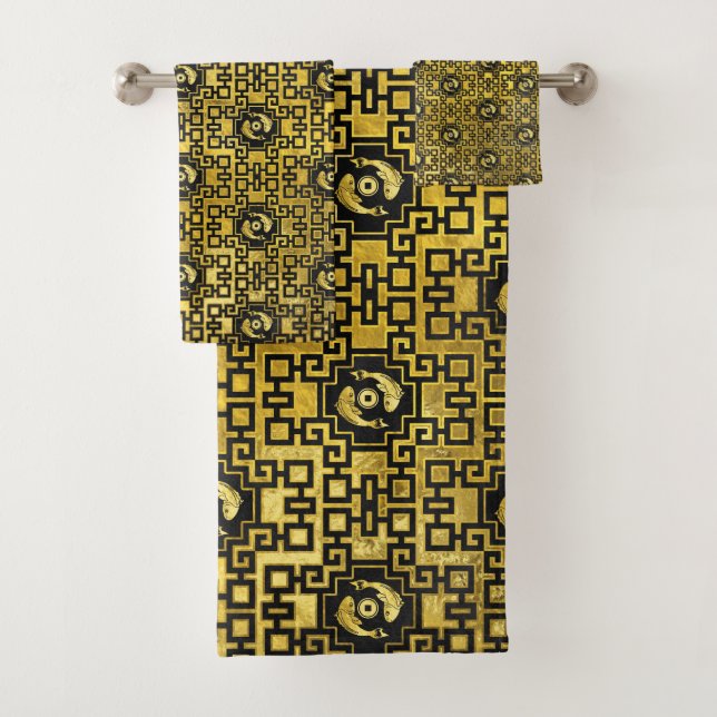 Luxury Oriental Gold on Black Koi Fish Pattern Bath Towel Set (Insitu)