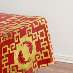 Luxury Oriental Gold on Red Koi Fish Pattern Tablecloth