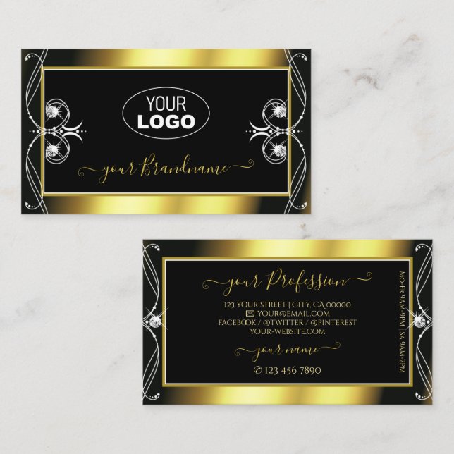 Luxury Ornate Black Gold Sparkle Jewels with Logo Business Card (Front/Back)