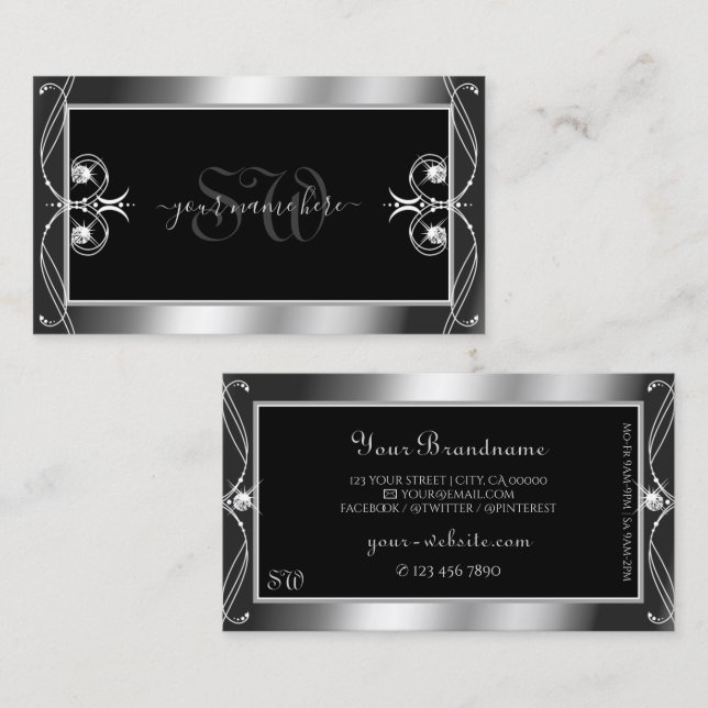 Luxury Ornate Black Silver Sparkle Jewels Initials Business Card (Front/Back)