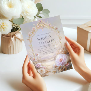 Luxury Ornate Gold Arch Pink Peony Floral Wedding Invitation