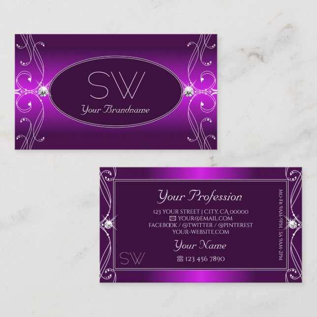 Luxury Ornate Purple Ombre Sparkle Jewels Initials Business Card (Front/Back)