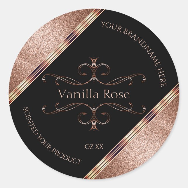 Luxury Ornate Rosegold Glitter Black Product Label (Front)