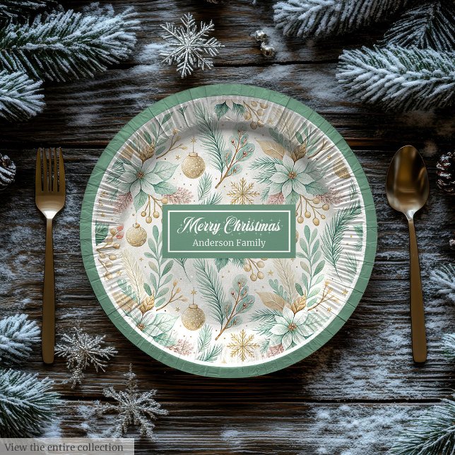 Luxury Paper Plates White Poinsettia Sage and gold (Luxury Paper Plates White Poinsettia Sage and gold)