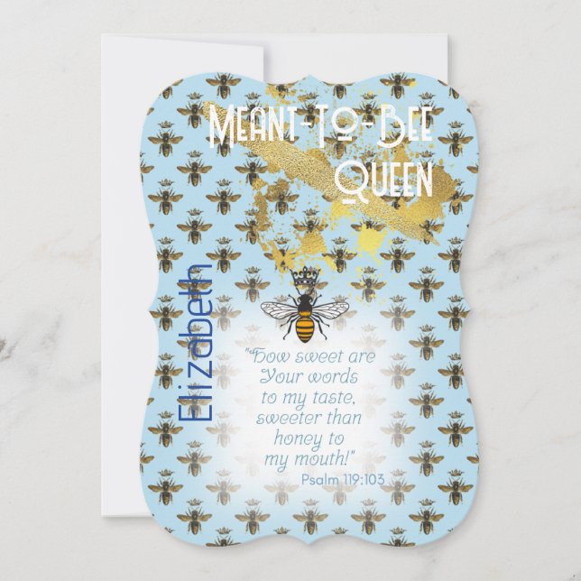 Luxury Pastel Blue Bee Grid Queen Gold Invitation (Front)