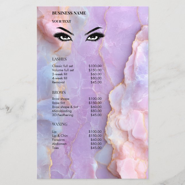 Luxury Pastel Marble Lash Ar Salon Price List Menu (Front)