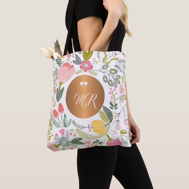 Luxury pastel pink floral copper monogram white tote bag (Close Up)