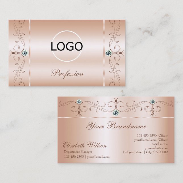Luxury Pastel Rose Coral Squiggled Jewels Add Logo Business Card (Front/Back)