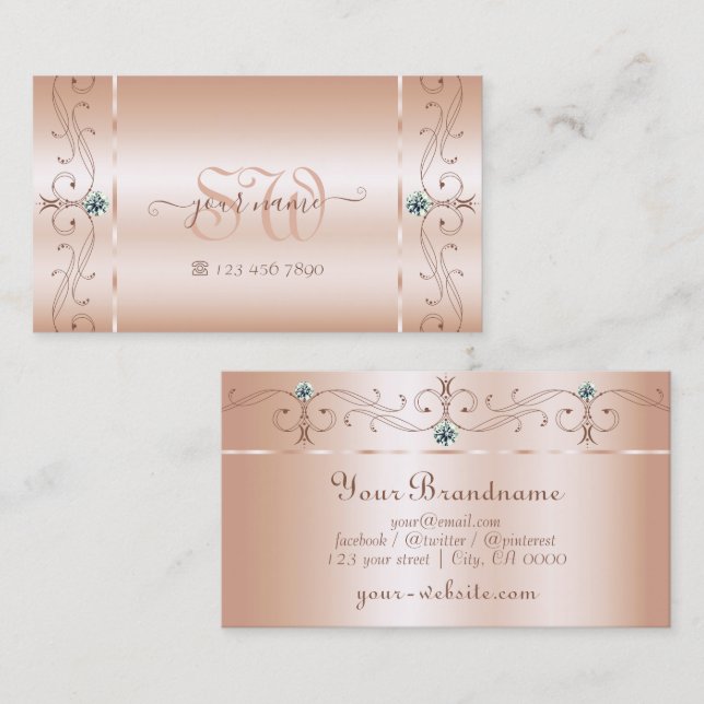 Luxury Pastel Rose Coral Squiggled Jewels Monogram Business Card (Front/Back)