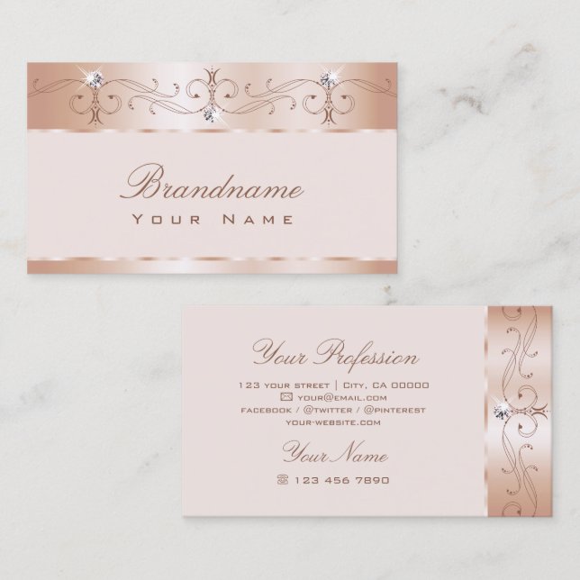 Luxury Pastel Rose Gold Ornate Sparkle Diamonds Business Card (Front/Back)