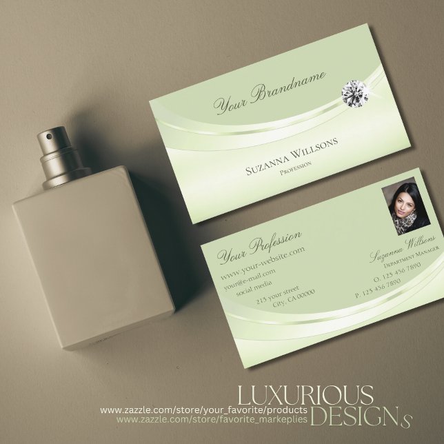 Luxury Pastel Sage Green with Photo and Diamond Business Card (Creator Uploaded)