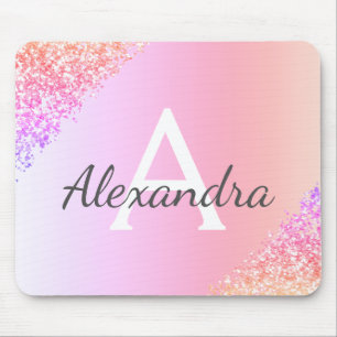 Luxury Pastel Sparkle Glitter Monogram Name Mouse Pad