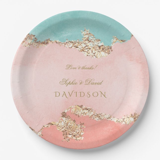 Luxury Pastel Watercolour Gold Foil Wedding Paper Plate (Front)