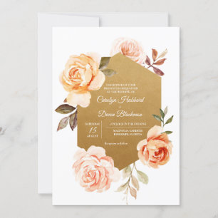 Luxury Peach Summer Autumn Gold Floral Wedding Invitation