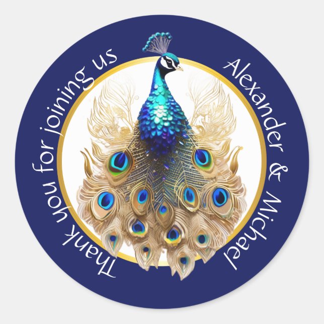 Luxury peacock blue gold thank you 5D chic Classic Round Sticker (Front)