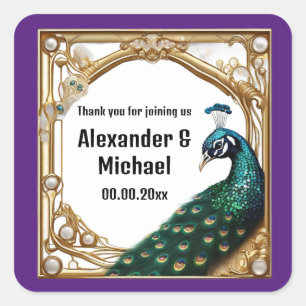 Luxury peacock pearls art nouvea thank you purple square sticker