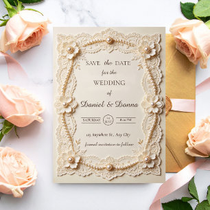 Luxury Pearl Lace Elegant Wedding Save The Date