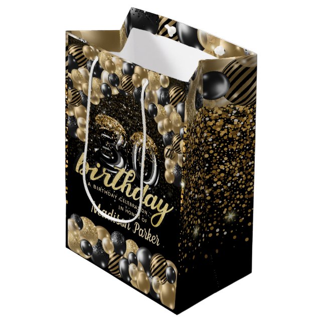 Luxury Personalised 30th Birthday Black Gold Medium Gift Bag (Front Angled)