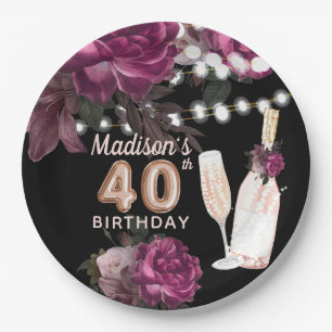 Luxury Personalised 40th Birthday Wine Rose Paper Plate