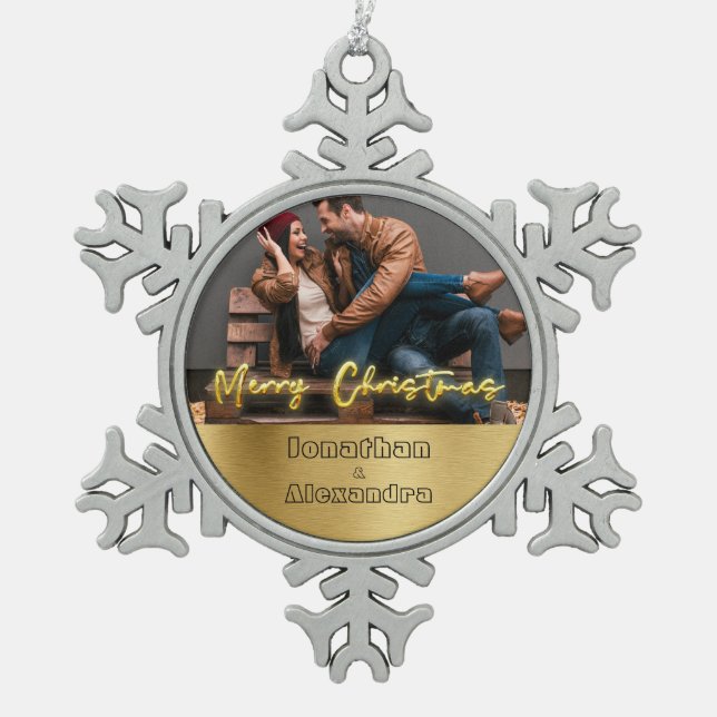 Luxury personalised Christmas gold and grey Snowflake Pewter Christmas Ornament (Front)