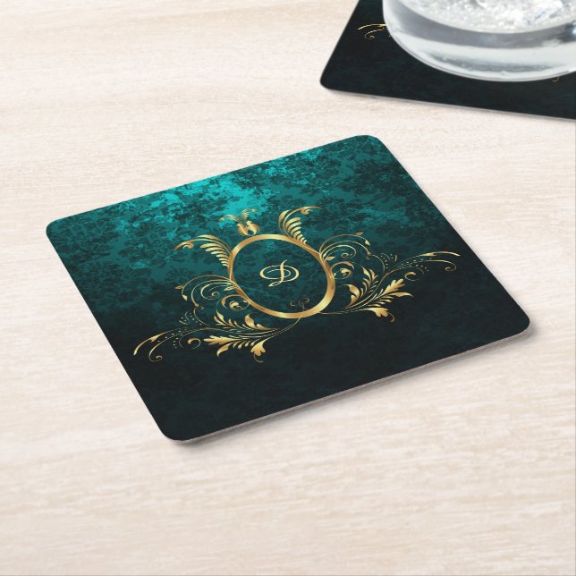 Luxury Personalised Damask gold Frame Square Paper Coaster (Angled)