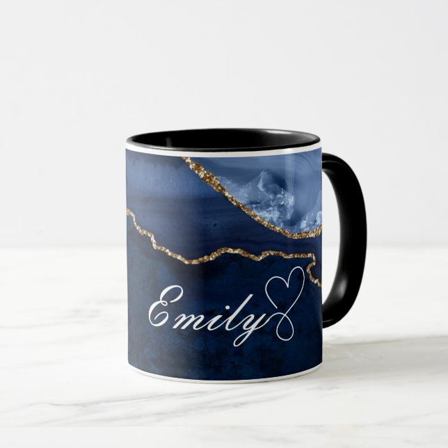 Luxury Personalised Navy blue & Gold Marble Mug (Front Right)