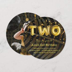 Luxury Photo Black and Gold confetti 2nd Birthday Invitation