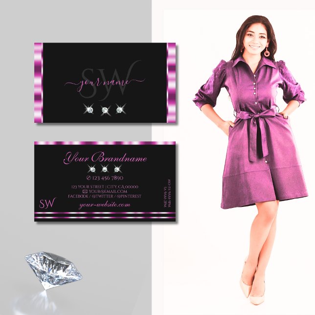 Luxury Pink and Black Sparkling Diamonds Initials Business Card (Creator Uploaded)