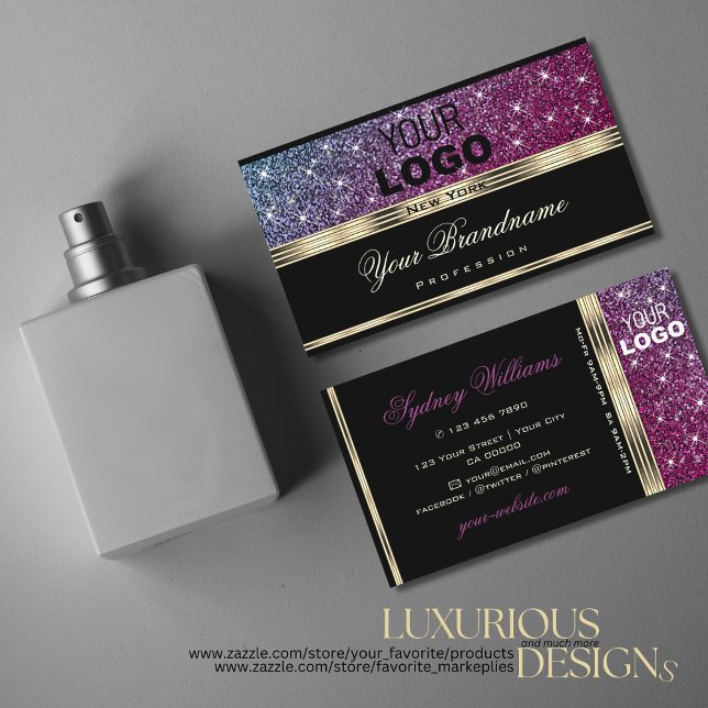 Luxury Pink and Purple Glitter add Logo Gold Black Business Card (Creator Uploaded)