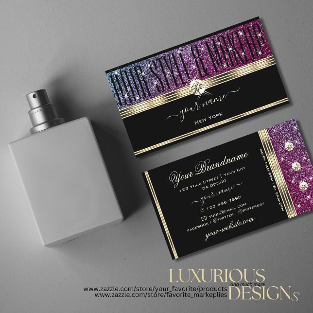 Luxury Pink and Purple Glitter Diamonds Gold Black Business Card (Creator Uploaded)