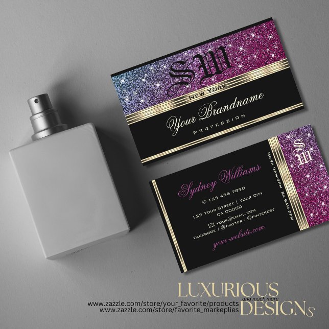 Luxury Pink and Purple Glitter Monogram Gold Black Business Card (Creator Uploaded)