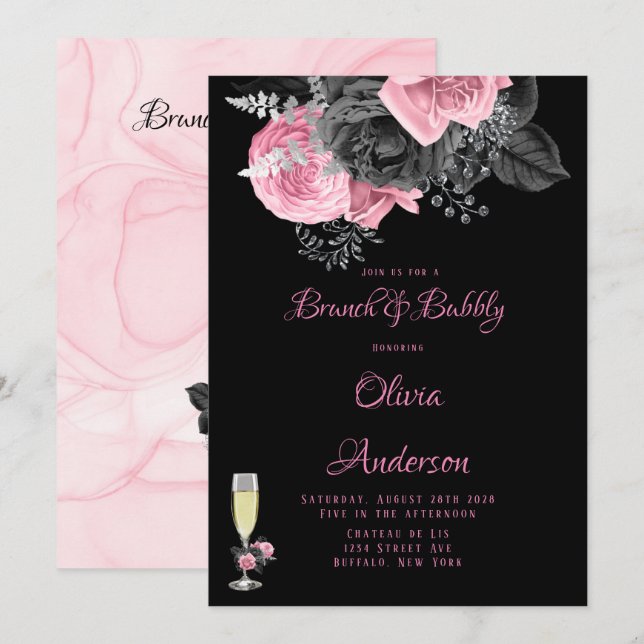 Luxury Pink Black Floral Inking Brunch & Bubbly  I Invitation (Front/Back)