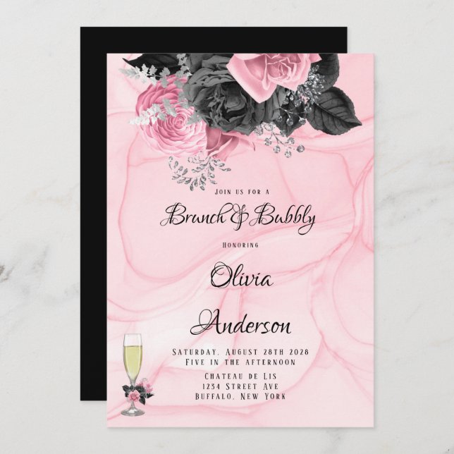Luxury Pink Black Floral Inking Brunch & Bubbly  Invitation (Front/Back)