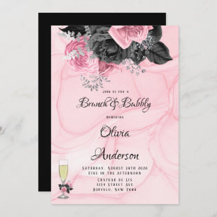 Luxury Pink Black Floral Inking Brunch & Bubbly  Invitation