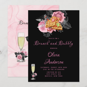 Luxury Pink Black Floral Inking Brunch & Bubbly Invitation