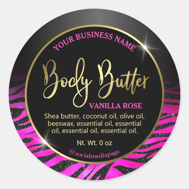 Luxury Pink Black Zebra Print Body Butter Labels (Front)