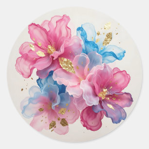 Luxury Pink Blue Gold Floral Classic Round Sticker