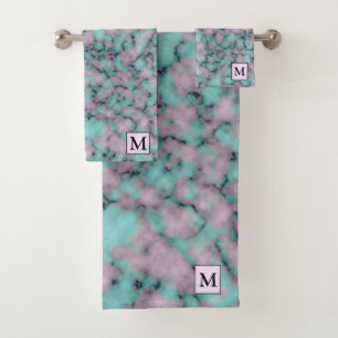 Luxury Pink Blue Marble Monogrammed Bath Towel Set