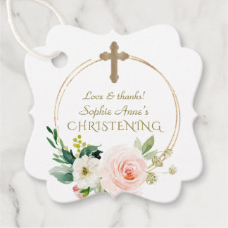 Luxury Pink Blush Floral Gold Cross Christening Favour Tags