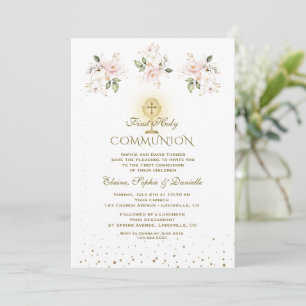 Luxury Pink Blush Floral Triplets Holy Communion Invitation