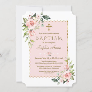 Luxury Pink Blush Flowers Gold Cross Baptism Invitation